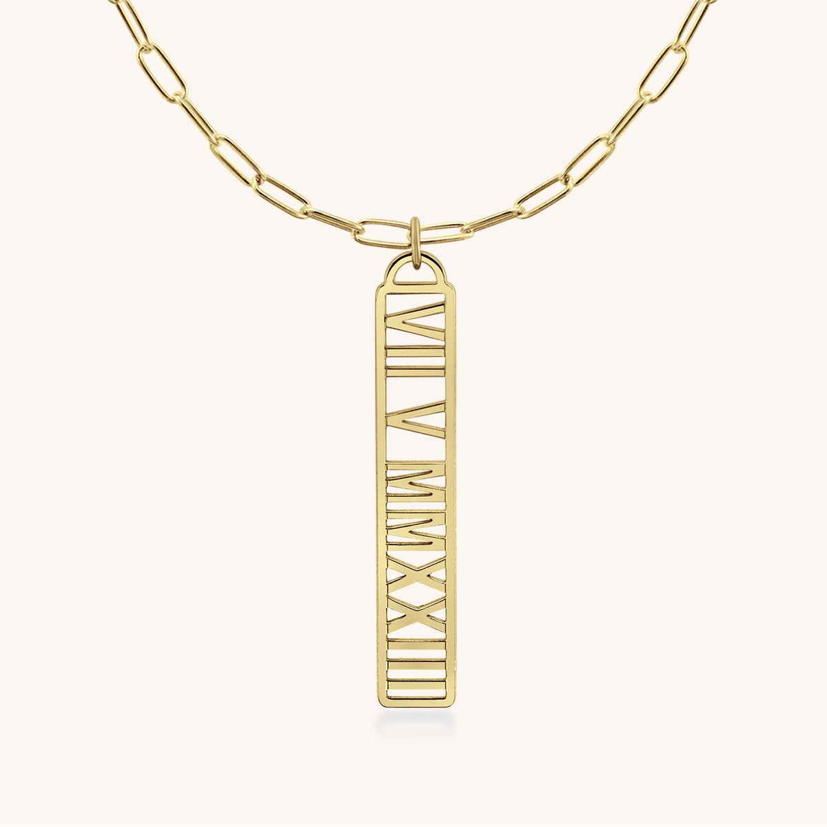 14k Gold Roman Numeral Date Paperclip Pendant